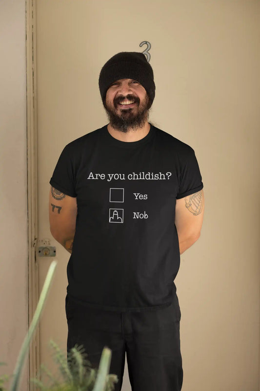 Man wearing Telleath Print “Are You Childish?” T-shirt in black