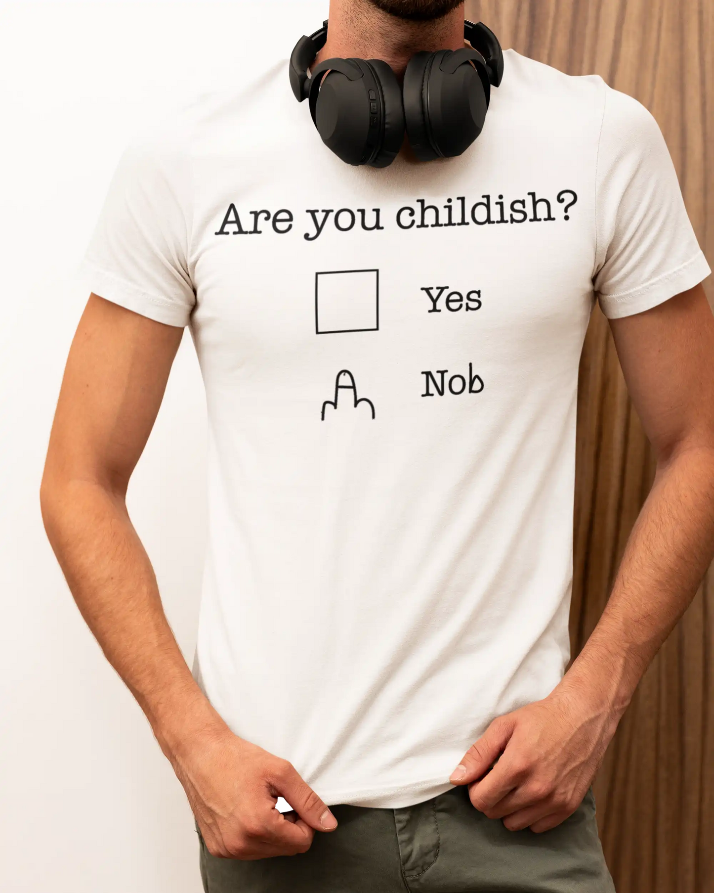 Man wearing Telleath Print “Are You Childish?” T-shirt in white